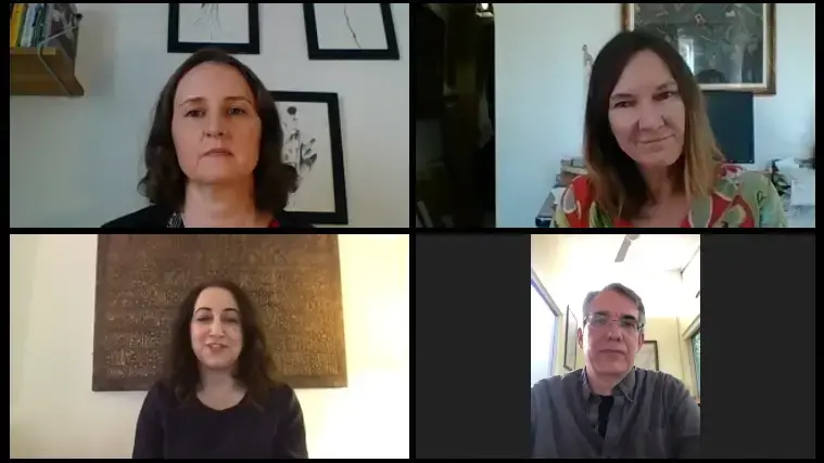 Lori Hinnant (top left), Julie Watson (top right), Tim Sullivan (bottom right), and Farnaz Fassihi (bottom left) discuss the Pulitzer Center-sponsored "Outsourcing Migrants" project. Image by Ethan Ehrenhaft. United States, 2020.