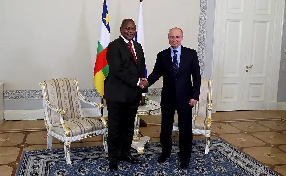 Russian President Vladimir Putin with the president of Central African Republic, Faustin Archange Touadera. Image from President of Russia for media use. Russia, 2018. Russian President Vladimir Putin with the president of Central African Republic, Faustin Archange Touadera. Image from President of Russia for media use. Russia, 2018.