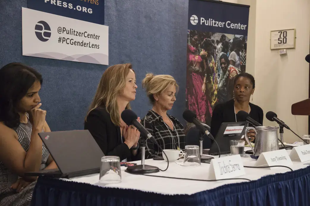 Property Rights panelists (left to right) LaShawn Jefferson, Amy Toensing, Paola Totaro, and Indira Sarma speak at the Pulitzer Center Gender Lens conference. Image by Jin Ding. United States, 2017.