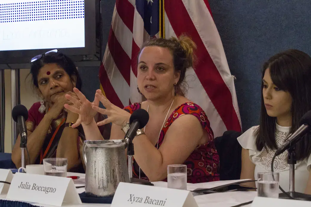 Panelists (from left to right) Chetna Gala Sinha, Jina Moore and Julia Boccagno focus on issues including labor migration, the status of transgender people in Thailand, and gender auditing in Rwanda during the panel on Labor &amp; Economics at the Pulitzer Center Gender Lens Conference. Image by Jin Ding. United States, 2017.