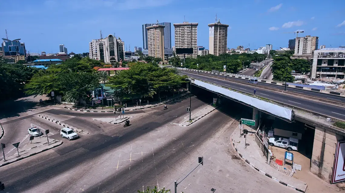 Deserted roads around Victoria Island and CMS area of the state during the Covid19 lock down. Image by Olusegun Aderogba / Shutterstock.com. Nigeria, 2020. Deserted roads around Victoria Island and CMS area of the state during the Covid19 lock down. Image by Olusegun Aderogba / Shutterstock.com. Nigeria, 2020.