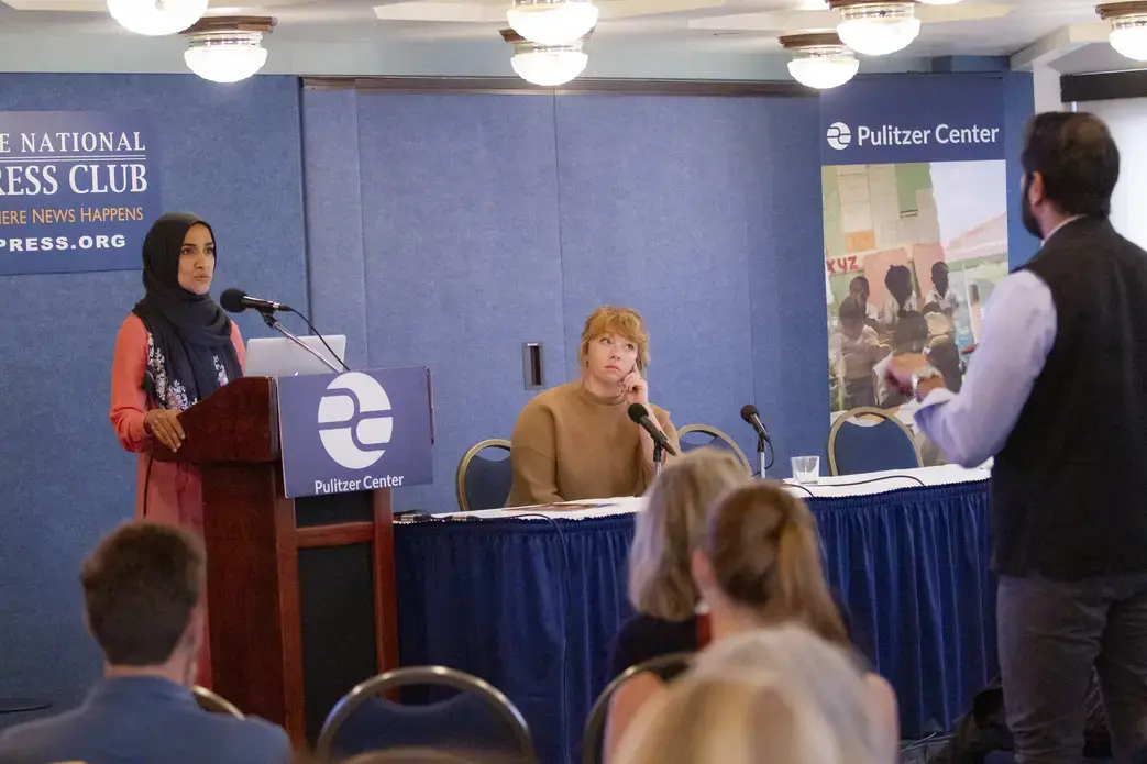 Dalia Mogahed and Kat Coplen of the Institute for Social Policy and Understanding take questions following their presentation. Image by Jin Ding. Washington, D.C., 2019. Dalia Mogahed and Kat Coplen of the Institute for Social Policy and Understanding take questions following their presentation. Image by Jin Ding. Washington, D.C., 2019.