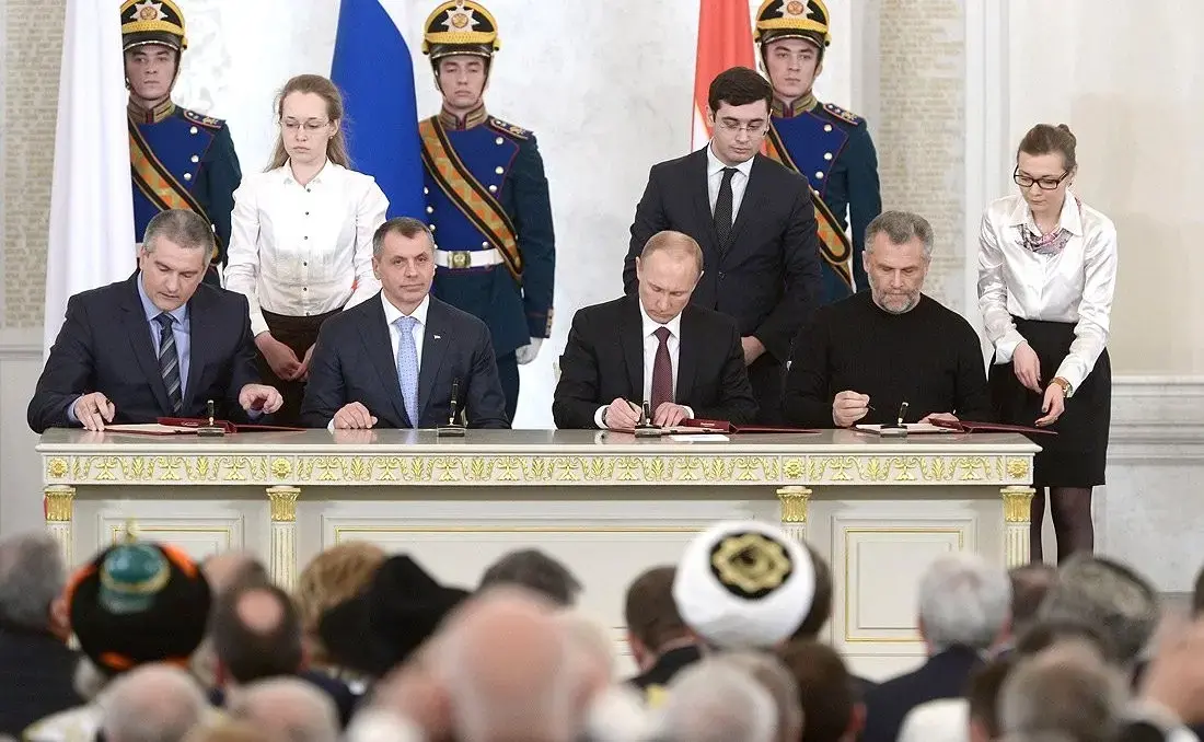 Agreement on the accession of the Republic of Crimea to the Russian Federation signed. Image courtesy of the Office of the President of Russia. Agreement on the accession of the Republic of Crimea to the Russian Federation signed. Image courtesy of the Office of the President of Russia.