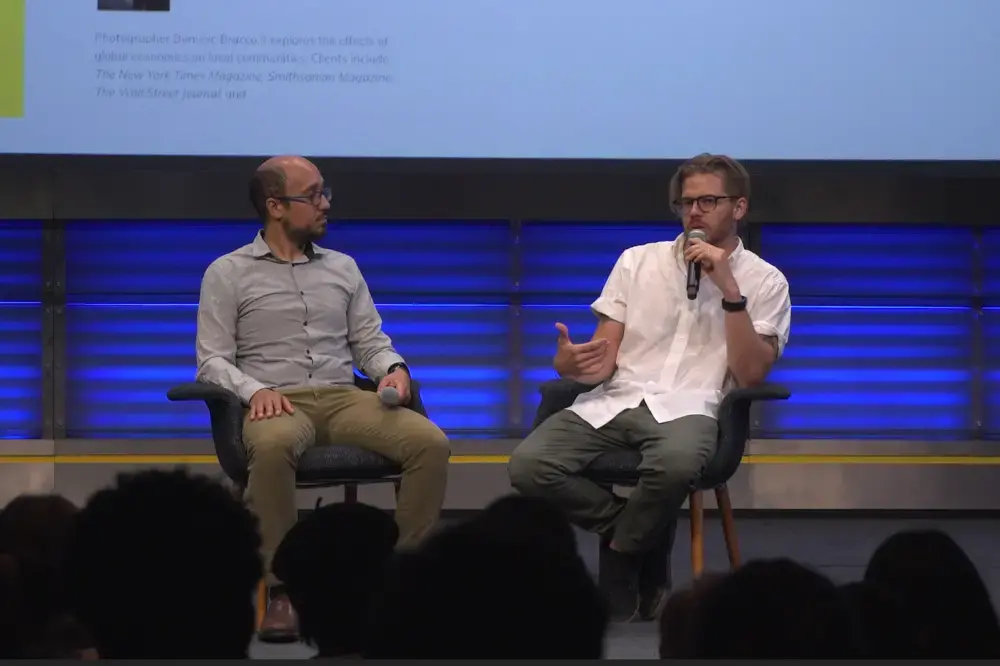 Dominic Bracco and Fareed Mostoufi discuss documentary filmmaking at National Geographic. Image by Claire Seaton. United States, 2019.