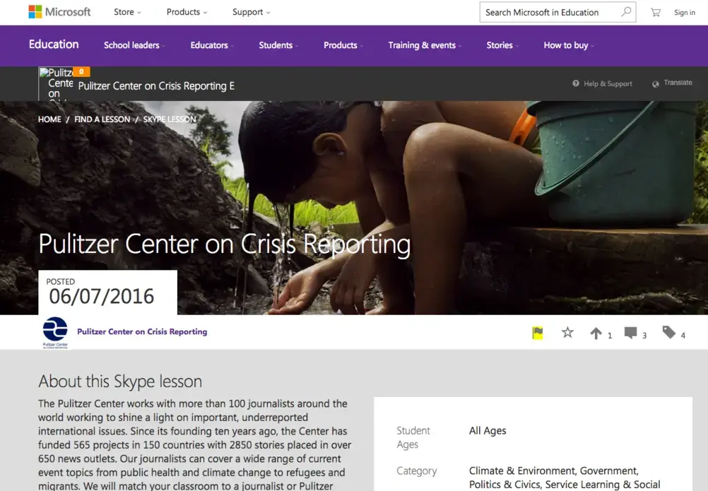 Teachers register for free Skype sessions with Pulitzer Center journalists using Skype in the Classroom, a website set up by Microsoft for education initiatives. Image by Fareed Mostoufi, 2016. Media file: screen_shot_2016-06-20_at_3.45.39_pm.png