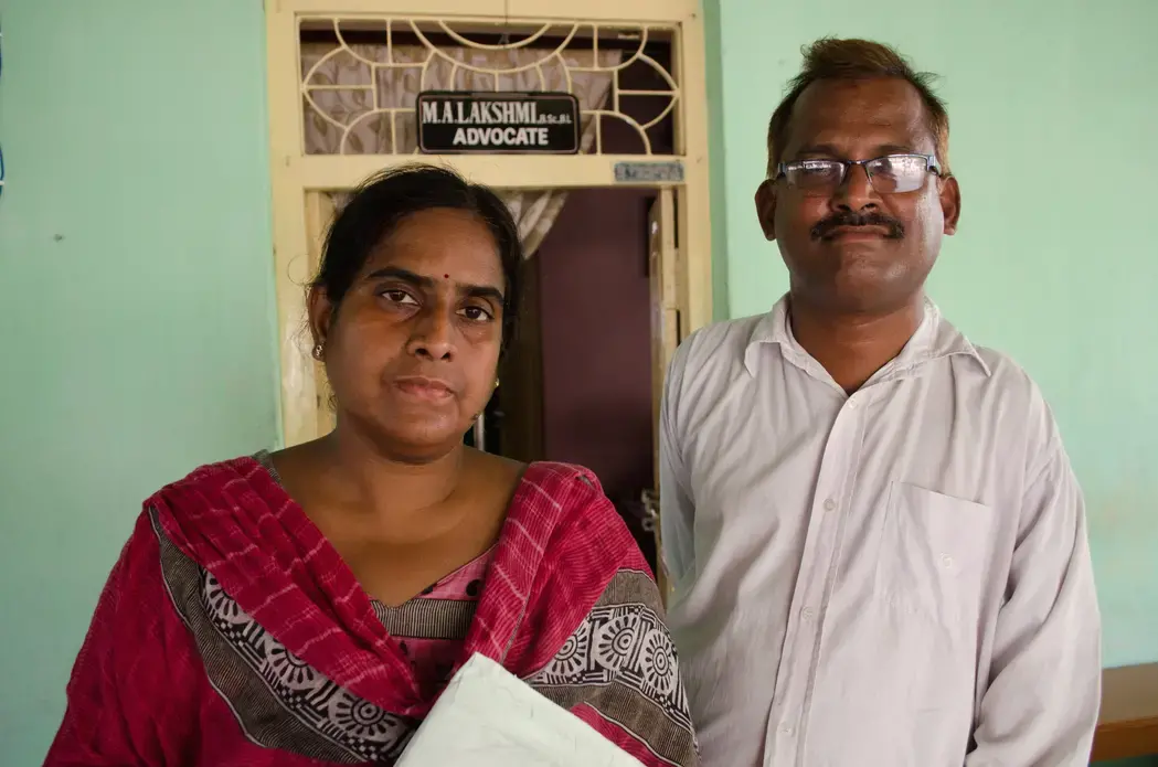 Venkateswarlu Manam and Lakshmi Marella, a husband and wife who work
for organizations in Visakhapatnam that defend the rights of
slum residents, laborers, and women. Image by Zach Hollo. India, 2015. Media file: v-4.jpg