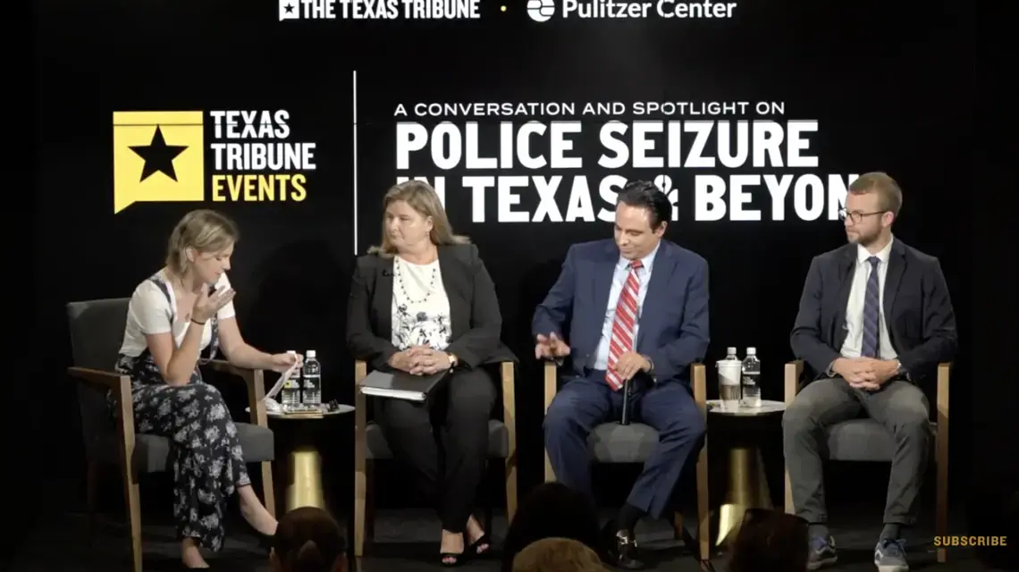 The panel at the June 20 Texas Tribune discussion on civil asset forfeiture. Image by The Texas Tribune. United States, 2019. 