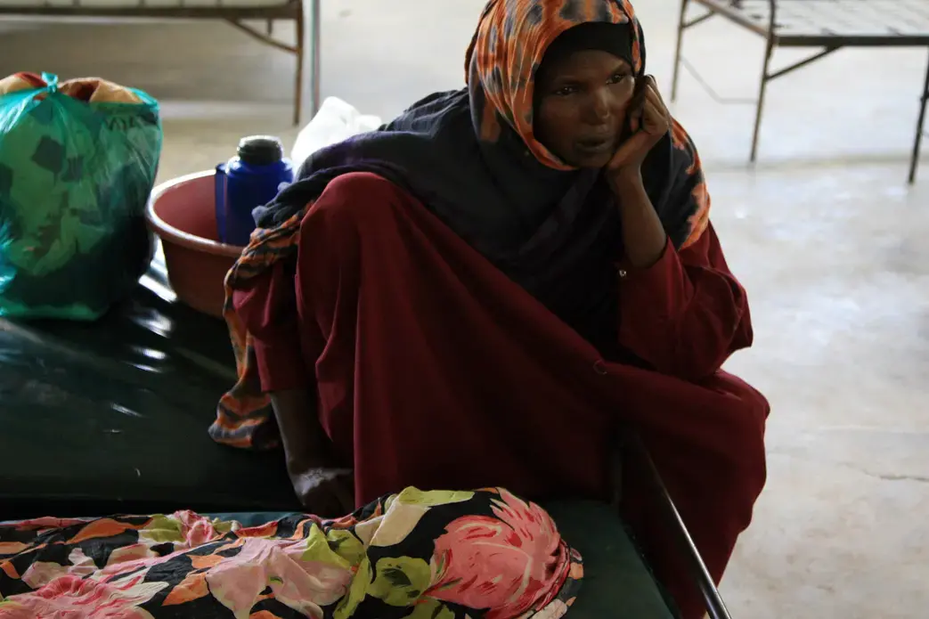 A Somali woman grieves over the loss of her 2-year-old nephew, who is wrapped in a blanket. He died from complications of kwashiorkor, a malady caused by a protein deficiency that occurs when children are weaned too soon to make room for a younger sibling. Image by Kenneth R. Weiss. Media file: kwashgrief.jpg