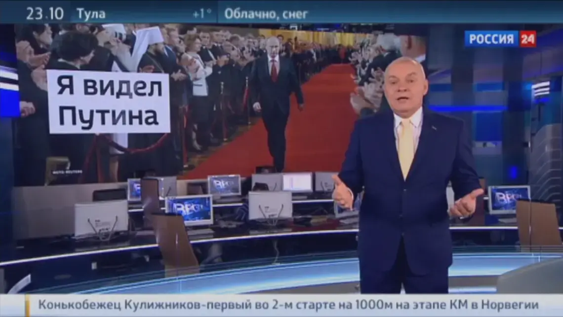 Dmitry Kiselyov on Russia One. Image by PBS Newshour. Russia, 2017. Dmitry Kiselyov on Russia One. Image by PBS Newshour. Russia, 2017.