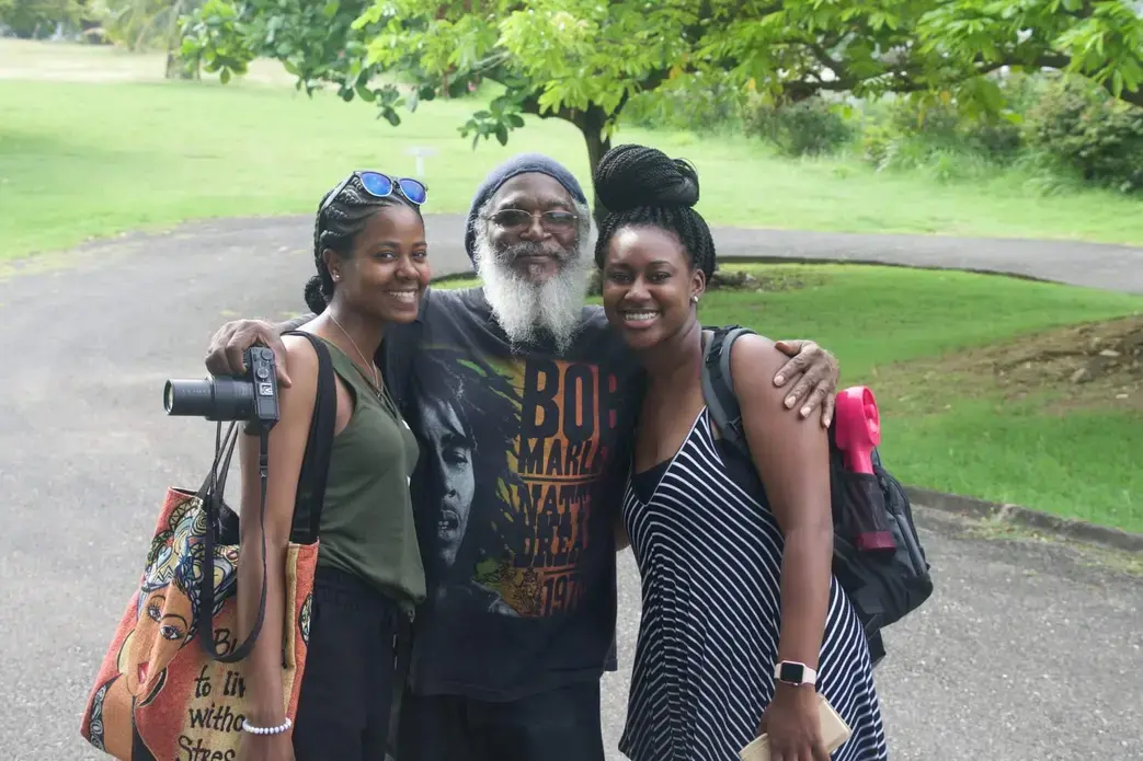 Students Monica Long and Jordan Barry pose with instructor, Dr. Clinton Hutton. Image by James D. McJunkins, Sr. Jamaica, 2018. Students Monica Long and Jordan Barry pose with instructor, Dr. Clinton Hutton. Image by James D. McJunkins, Sr. Jamaica, 2018.