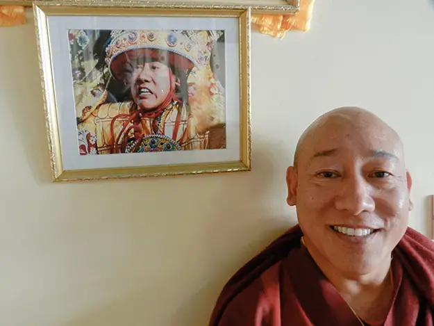 Thupten Ngodup, the medium through whom the oracle Nechung speaks to Tibet's leaders. Image by Jeffrey Bartholet, India, 2013. Media file: nechung_0.jpg
