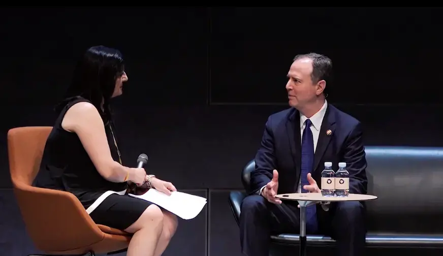 Indira Lakshmanan speaks to Congressman Schiff about U.S. leadership. Denmark, 2019.