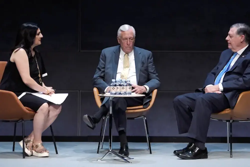 Congressmen Steny Hoyer (D) and Tom Cole (R) discussed the United State's role in promoting democracy and freedom with moderator Indira Lakshmanan. Denmark, 2019.