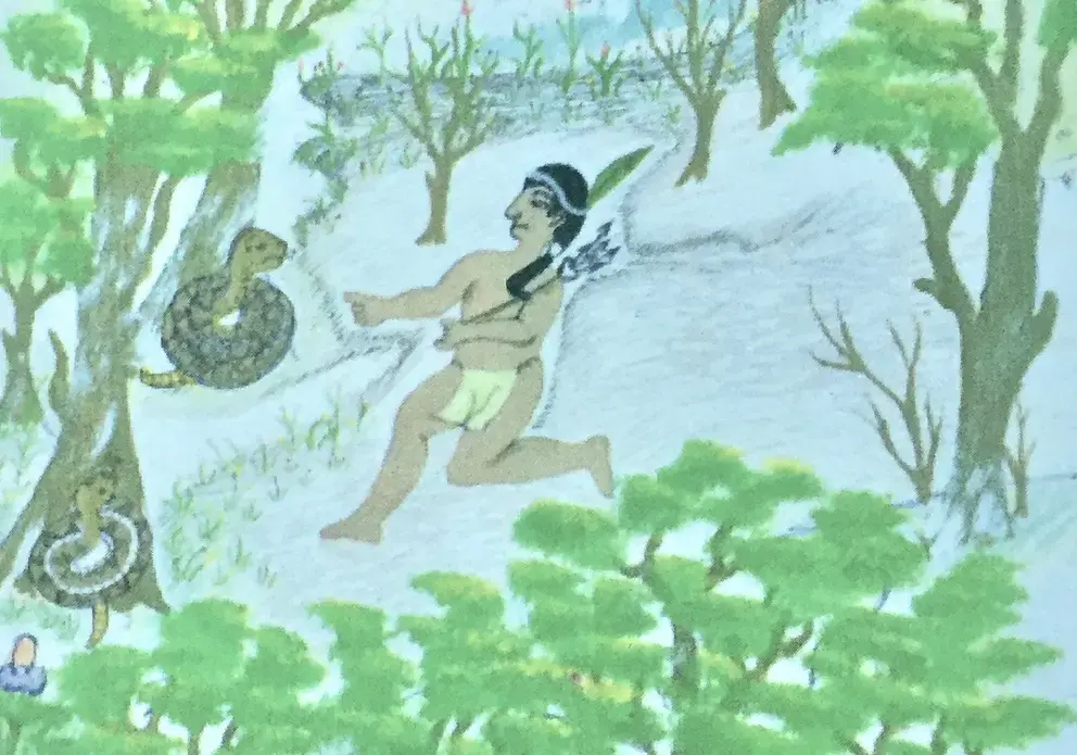 Stories passed down through generations share morals, history, and cultural norms. A commonly shared tale of a man and snake is depicted in this drawing by Ngäbe-Buglé community members. Image by Samira Tella. Costa Rica, 2018. Stories passed down through generations share morals, history, and cultural norms. A commonly shared tale of a man and snake is depicted in this drawing by Ngäbe-Buglé community members. Image by Samira Tella. Costa Rica, 2018.