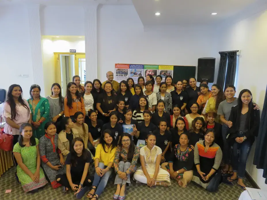 Trafficking survivors attend a Capacity Development Training session in Kathmandu through SASANE's paralegal program. Before they become certified paralegals, each woman must take 45 days of theory classes, complete a 6-month internship at a police station, and pass Nepal's Paralegal Certification Exam. Image by Nicole Brigstock. Nepal, 2018.