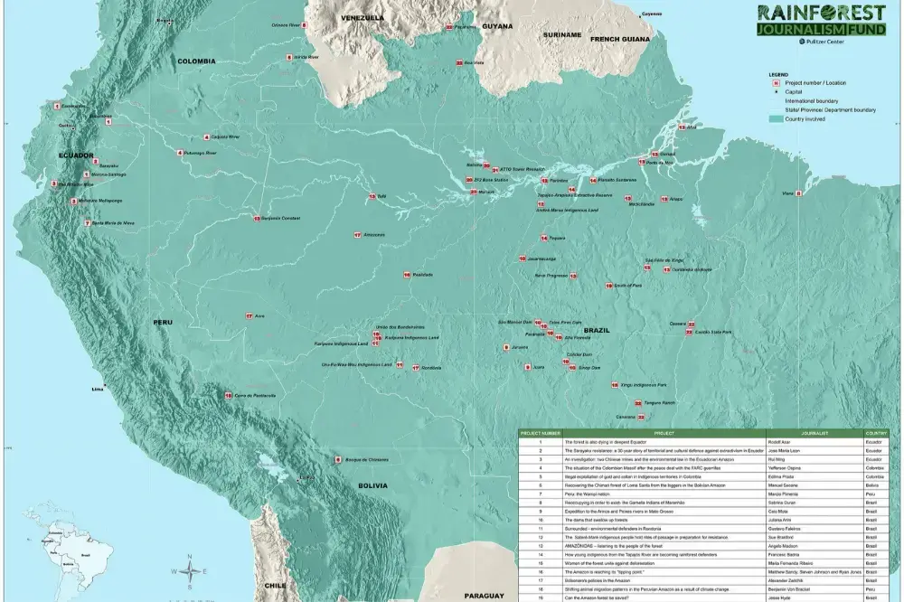 A map, designed by cartographer Marcos Brito, depicts all Rainforest Journalism Fund projects reported since the initiative's launch in 2018. Image by Jan Rocha. Brazil, 2019. A map, designed by cartographer Marcos Brito, depicts all Rainforest Journalism Fund projects reported since the initiative's launch in 2018. Image by Jan Rocha. Brazil, 2019.