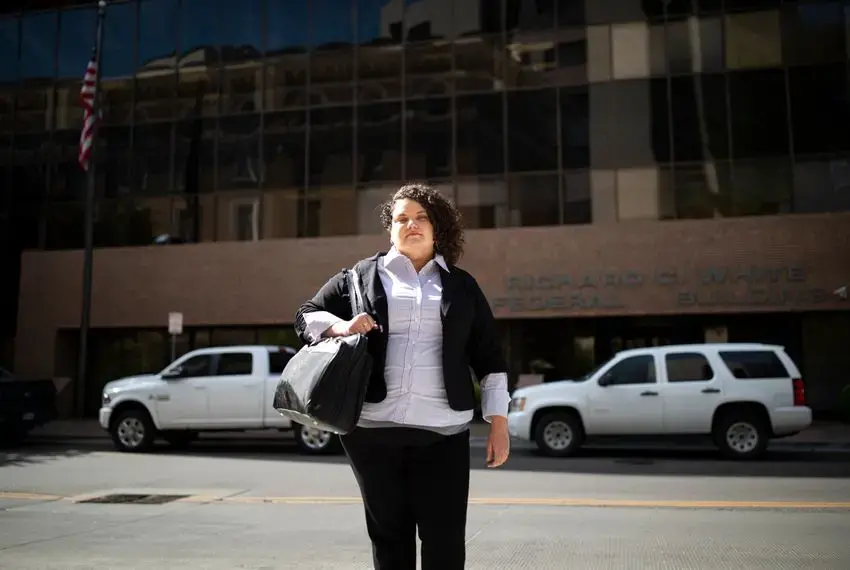 Attorney Taylor Levy in front of the Richard C. White federal building in El Paso on Wednesday. Image by Ivan Pierre Aguirre. United States, 2019. Attorney Taylor Levy in front of the Richard C. White federal building in El Paso on Wednesday. Image by Ivan Pierre Aguirre. United States, 2019.
