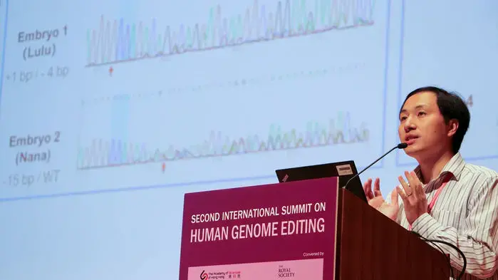 He Jiankui presented a slide at a Hong Kong, China, genome-editing summit that showed DNA sequences from the edited CCR5 genes in the twin girls. Image courtesy of National Academies/Flickr. China, 2019. He Jiankui presented a slide at a Hong Kong, China, genome-editing summit that showed DNA sequences from the edited CCR5 genes in the twin girls. Image courtesy of National Academies/Flickr. China, 2019.