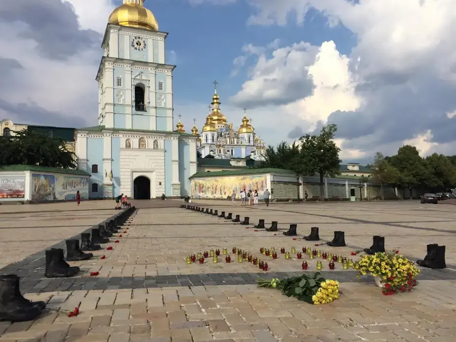 A display in front of St. Sophia’s Cathedral commemorates the loss of 40 troops and 9 crew members on June 14, 2014, when a transport plane was shot down in Luhansk. Image by Taylor Damann. Ukraine, 2019. A display in front of St. Sophia’s Cathedral commemorates the loss of 40 troops and 9 crew members on June 14, 2014, when a transport plane was shot down in Luhansk. Image by Taylor Damann. Ukraine, 2019.