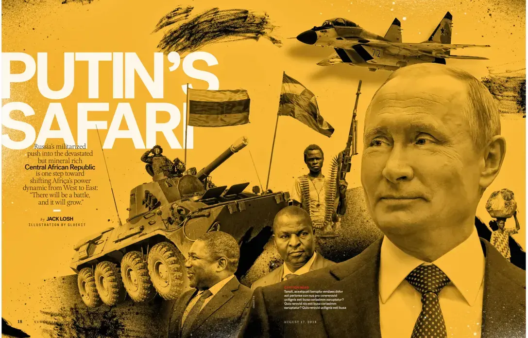 Russia's militarized push into the devastated but mineral-rich Central African Republic is one step toward shifting Africa's power dynamic from West to East. Image by Gluekit. United States, 2018. Russia's militarized push into the devastated but mineral-rich Central African Republic is one step toward shifting Africa's power dynamic from West to East. Image by Gluekit. United States, 2018.