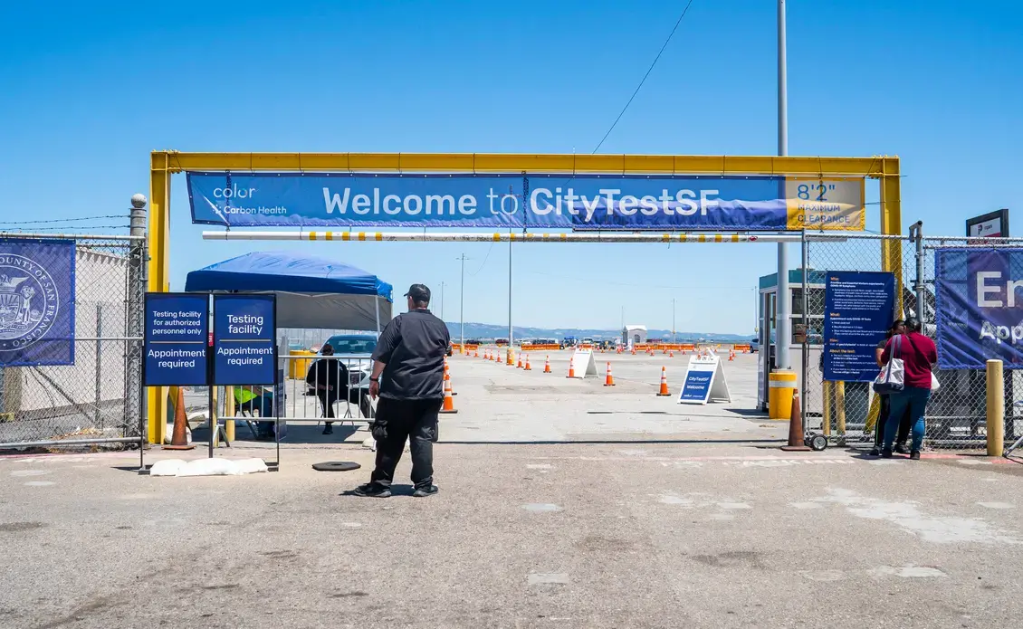 A COVID-19 testing center in San Francisco, California. Image by Hunter Crenian / Shutterstock. United States, 2020. A COVID-19 testing center in San Francisco, California. Image by Hunter Crenian / Shutterstock. United States, 2020.