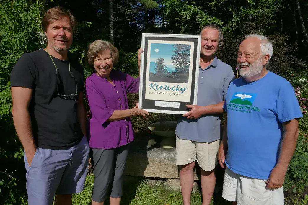German documentary  director Jörg Daniel Hissen mets with Leverett, Mass. group members. Image by Frank Lehmann. United States, 2018.