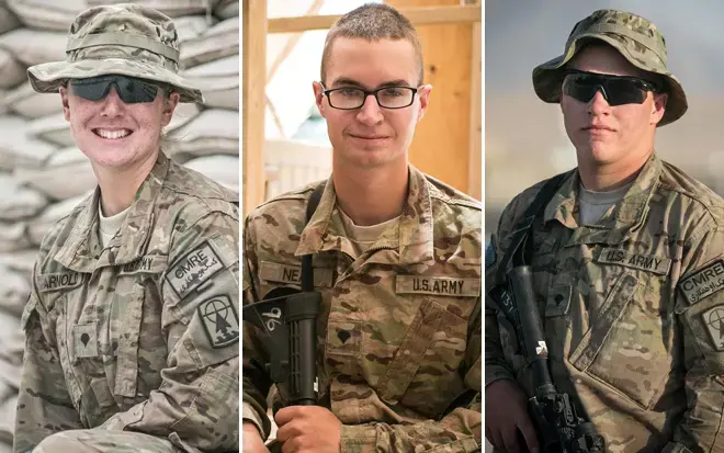 From left, Spc. Samantha Arnold, Spc. Louis Neal and Spc. Tom Sigg graduated together from Dodgeville High School and now are serving in Afghanistan. Images by Meghan Dhaliwal. Afghanistan, 2014. Media file: b99332049z.1_20140818165839_000_g9g7g6ru.1-0.jpg