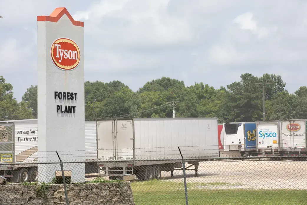 Tyson Foods’ Forest plant was among 15 poultry plants across the South granted waivers by the USDA in April that allowed them to increase processing line speeds despite histories of severe injuries, Occupational Safety and Health Administration violations or the recent COVID-19 outbreak, according to a report by the National Employment Law Project. Image by Sarah Warnock/MCIR. United States, 2020. Tyson Foods’ Forest plant was among 15 poultry plants across the South granted waivers by the USDA in April that allowed them to increase processing line speeds despite histories of severe injuries, Occupational Safety and Health Administration violations or the recent COVID-19 outbreak, according to a report by the National Employment Law Project. Image by Sarah Warnock/MCIR. United States, 2020.