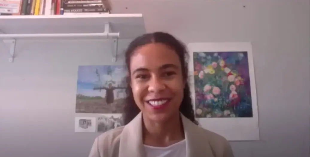Brittany Gibson leading a discussion about voter suppression for the Pulitzer Center's Focus on Justice Series Media file: brittany_gibson_justiceserieswebinar.jpg