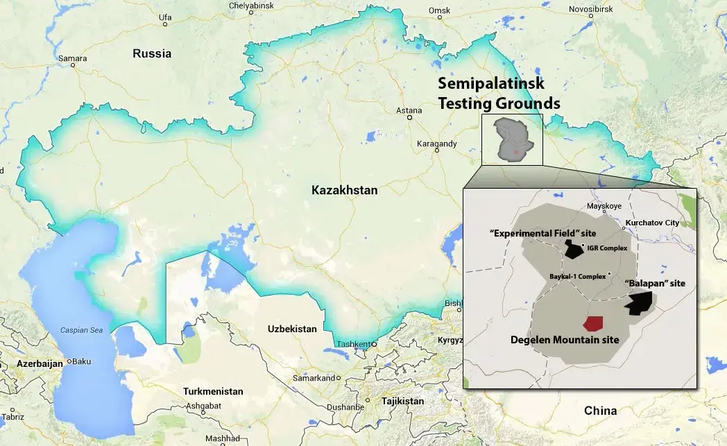 Map of Soviet test site at Semipalatinsk within Kazakhstan. Image source Autonavi / Basarsoft / Google via Belfer Center Plutonium Mountain report. Media file: plutonium_mountain_map.jpg