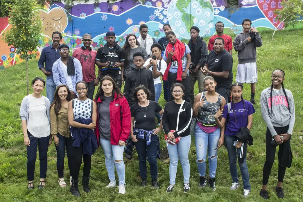 Pulitzer Center's multimedia producer Lorraine Ustaris and grantees Andre Lambertson, Jen Marlowe and Evey Wilson joined Free Spirit Media in Chicago as mentors for its annual summer documentary film program. Photo by Free Spirit Media Staff Media file: Pulitzer Center - Free Spirit Media 2018 Summer Program