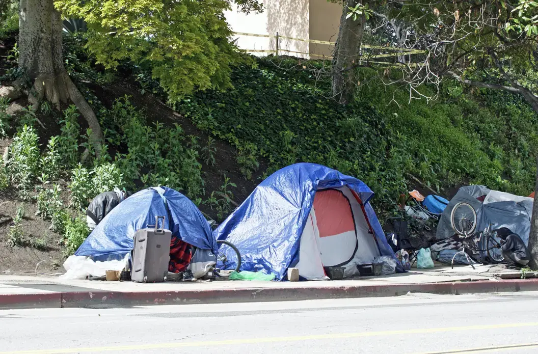 Homeless encampments along a Los Angeles roadside on April 8, depicting the growing epidemic of homelessness amid the worldwide COVID-19 pandemic. Image by Philip Pilosian/Shutterstock. United States, 2020. Homeless encampments along a Los Angeles roadside on April 8, depicting the growing epidemic of homelessness amid the worldwide COVID-19 pandemic. Image by Philip Pilosian/Shutterstock. United States, 2020.