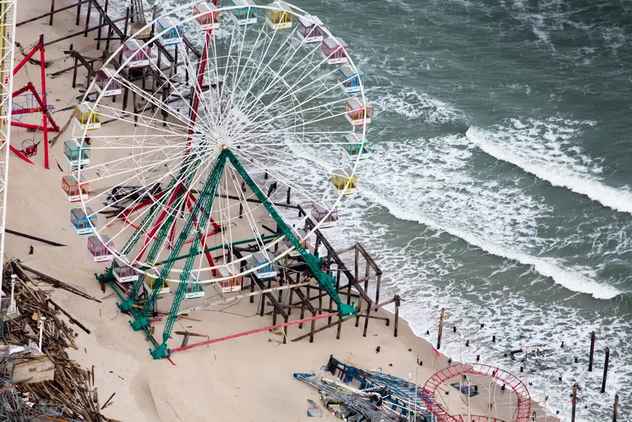 Ferris wheel damage post Hurricane Sandy: Seaside Heights, New Jersey. Image by Alex MacLean. New Jersey, 2012. Ferris wheel damage post Hurricane Sandy: Seaside Heights, New Jersey. Image by Alex MacLean. New Jersey, 2012.