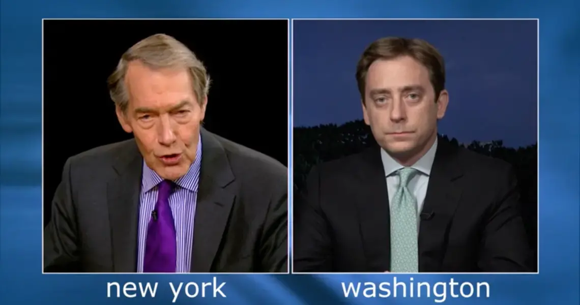 Evan Osnos speaks with Charlie Rose. Image courtesy of Charlie Rose. United States, 2017.