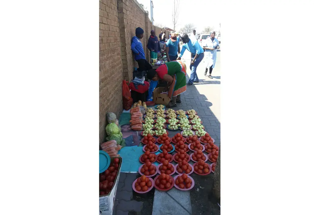 An informal trader sells produce outside of Pan Africa Shopping Centre. Vendors like this are quick sources of food for many of Alex's residents, who lack access to the refrigeration necessary to store food for extended periods of time. Image by Christian Belanger. South Africa, 2016. Media file: south_africa_cropped.jpg