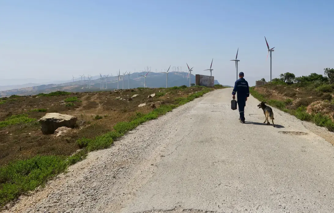 Tangier wind farm A security guard patrols the Dhar Saadane wind farm with his dog. The farm has 126 turbines, which line the mountains above Tangier, Morocco. Wind power from farms in Tangier provide 2.5 percent of the country’s electrical energy. Image by Jackie Spinner. Morocco, 2017.