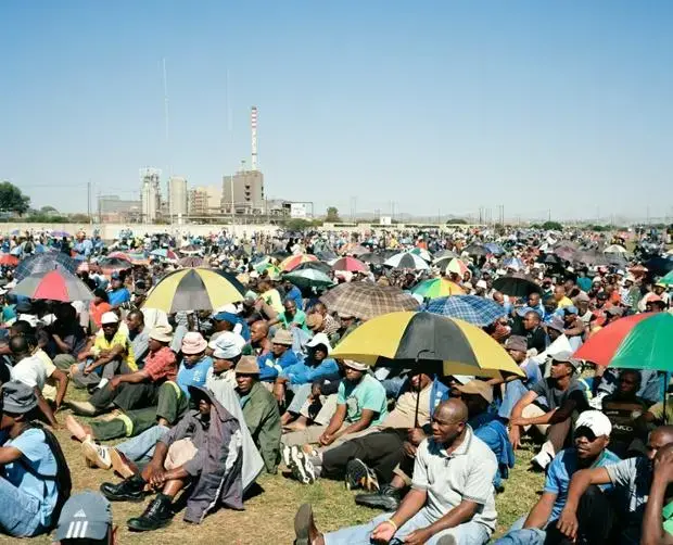 Striking miners gather at a rally at Wonderkop Stadium in Marikana, 29 April. Image by Jason Larkin. South Africa, 2014. Media file: south_africa_8.jpg