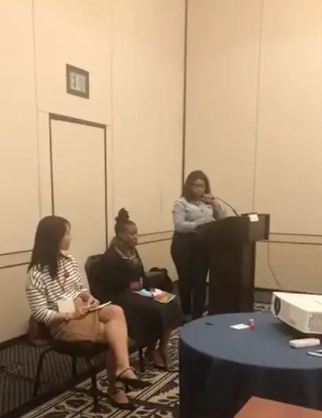 Jin Ding, Lottie Joiner and Marissa Evans discussing how to pitch and prosper at the Journalism &amp; Women Symposium in Williamsburg, Virginia. Image by Journalism &amp; Women Symposium. United States, 2019.