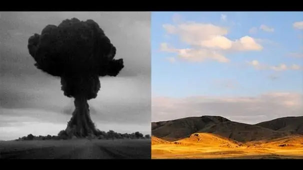 At left: A plutonium bomb detonates in the first Soviet nuclear test, code-named “First Lightning,” conducted Aug. 29, 1949, at the Semipalatinsk test site in Kazakhstan. At right: The foothills of the Degelen Mountain complex at Semipalatinsk. Image at left courtesy of Universal Images Group, via Getty Images; Right, courtesy of U.S. Department of Defense. Media file: o-plutonium.jpg
