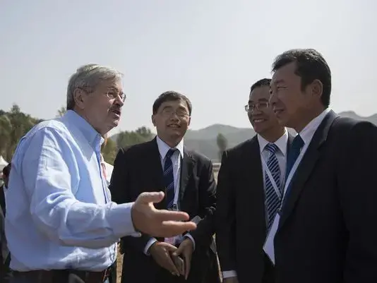 Ambassador Terry Branstad speaks with people attending the groundbreaking of the China-US Demonstration Farm on Saturday, Sept. 23, 2017, in Luanping County, Hebei, China. Image by Kelsey Kremer. China, 2017.