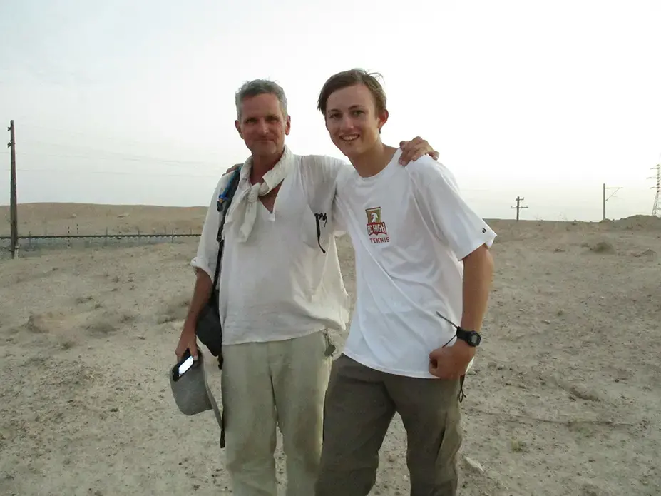 Paul Salopek with Out of Eden Walk essay contest winner Nick Fahy. Image by Mark Schulte. Uzbekistan, 2016. Paul Salopek with Out of Eden Walk essay contest winner Nick Fahy.