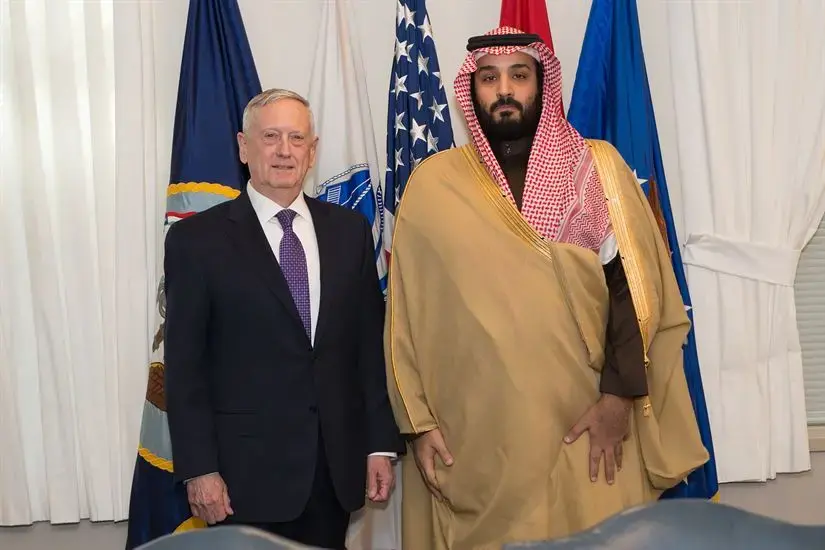 Defense Secretary Jim Mattis stands with Deputy Crown Price of Saudi Arabia and Defense Minister Mohammad bin Salman Al Saud before a bilateral meeting at the Pentagon in Washington, D.C., March 16, 2017. Photo by Army Sgt. Amber I. Smith, Department of Defense. United States, 2017. Defense Secretary Jim Mattis stands with Deputy Crown Price of Saudi Arabia and Defense Minister Mohammad bin Salman Al Saud before a bilateral meeting at the Pentagon in Washington, D.C., March 16, 2017. Photo by Army Sgt. Amber I. Smith, Department of Defense. United States, 2017.