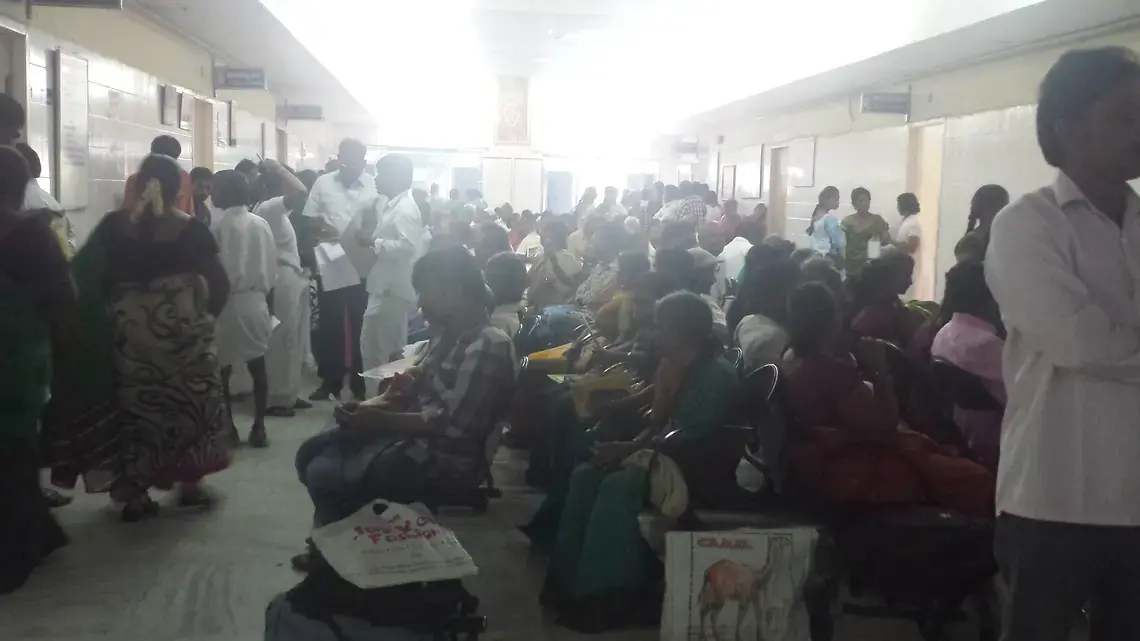Patients in the waiting area of the outpatient neurology department of the Sri Venkateswara Institute of Medical Sciences. Image by Priya Ramchandra. India, 2015. Media file: 20150804_111434.jpg