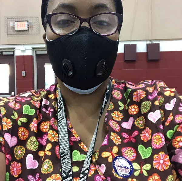 Kim Daniel took this selfie when she voted in the August primary. Daniel says that despite her health concerns, she plans to vote in person on Nov. 3. Photo courtesy of Kim Daniel. United States, 2020. Kim Daniel took this selfie when she voted in the August primary. Daniel says that despite her health concerns, she plans to vote in person on Nov. 3. Photo courtesy of Kim Daniel. United States, 2020.