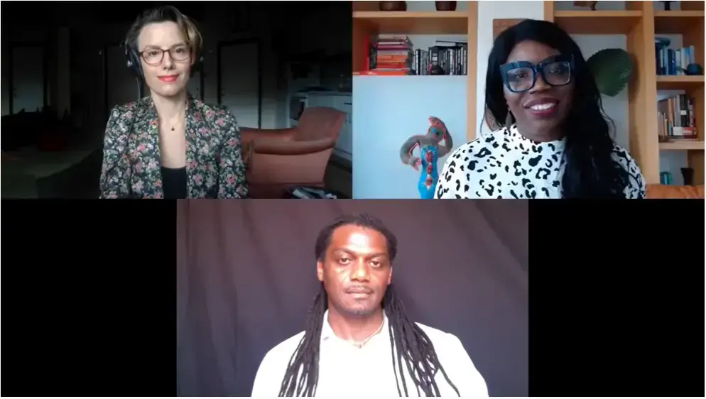 Panelists Dameion Brown, Liz Ogbu, and Sarah Shourd speak during a Zoom webinar. 2020.