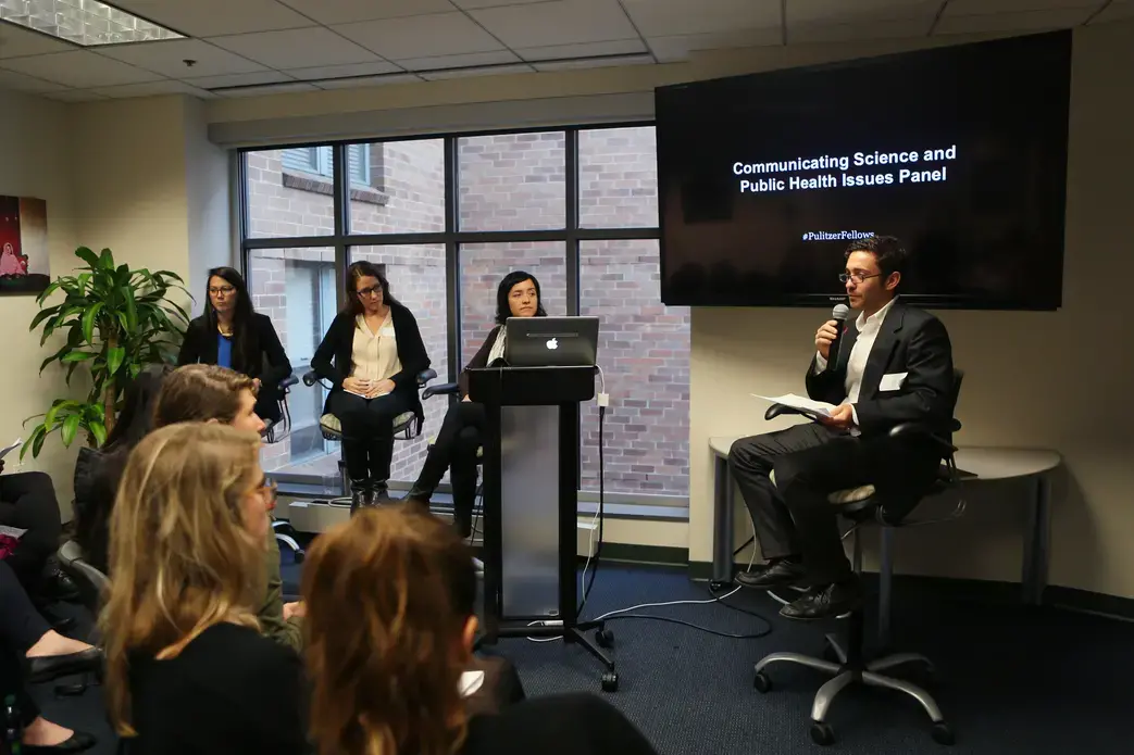 (From left) Pulitzer grantees Daniella Zalcman, Julia Rendleman, Allison Shelley and moderator Zach Child discuss reporting on public health issues. Image by Meghan Dhaliwal, Washington, DC, 2014. Media file: 3.jpg
