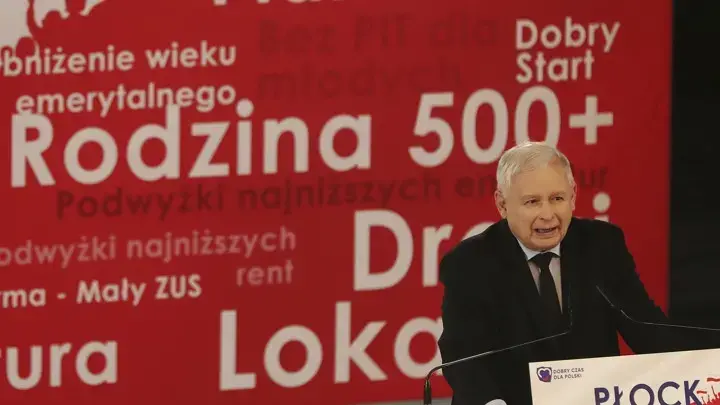 Jaroslaw Kaczyński, the leader of Poland's governing party, and his colleagues have appealed to voters with the Family 500+ program. Image by Czarek Sokolowski. Poland, 2019. Jaroslaw Kaczyński, the leader of Poland's governing party, and his colleagues have appealed to voters with the Family 500+ program. Image by Czarek Sokolowski. Poland, 2019.