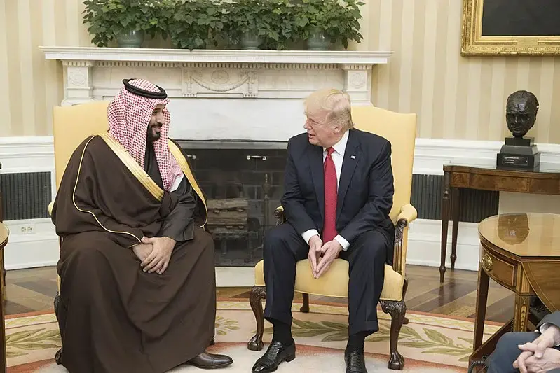 President Donald Trump speaks with Mohammed bin Salman bin Abdulaziz Al Saud, Deputy Crown Prince of Saudi Arabia, during their meeting Tuesday, March 14, 2017, in the Oval Office of the White House in Washington, D.C. Image by Shealah Craighead. US, 2017. President Donald Trump speaks with Mohammed bin Salman bin Abdulaziz Al Saud, Deputy Crown Prince of Saudi Arabia, during their meeting Tuesday, March 14, 2017, in the Oval Office of the White House in Washington, D.C. Image by Shealah Craighead. US, 2017.