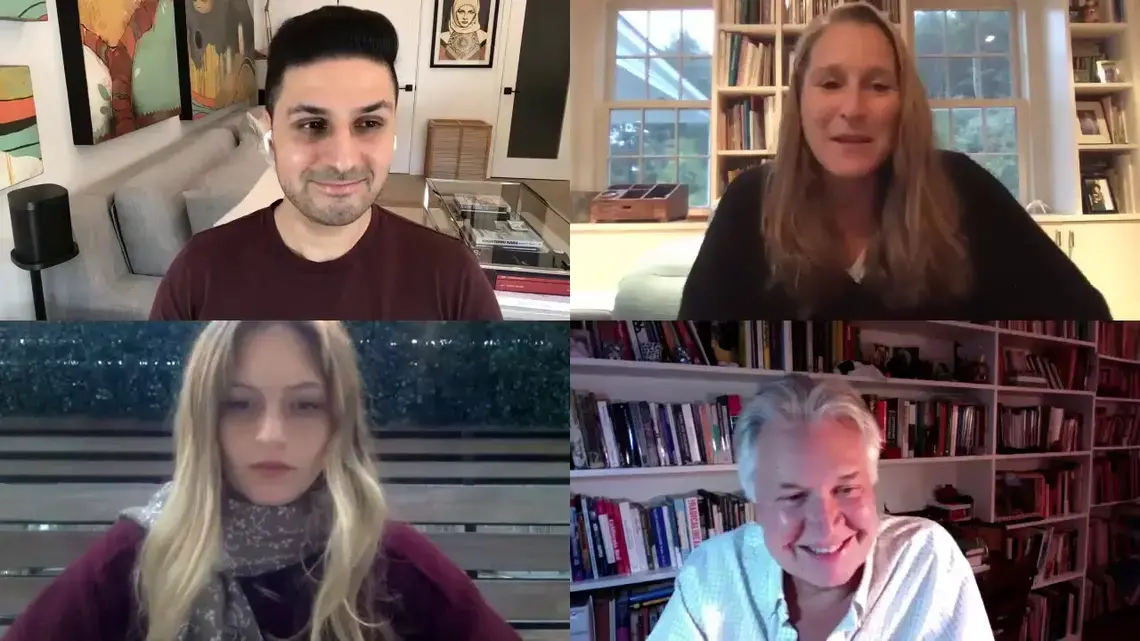 Panelists Catherine Gund, Adnan Khan, and Emily Kassie participate in a virtual panel moderated by Pulitzer Center Executive Director Jon Sawyer. 2020.