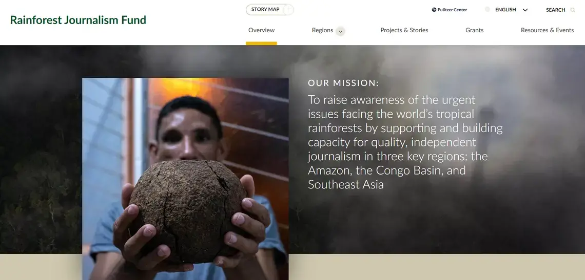 The home page of the new RainforestJournalismFund.org website. Design by Threespot. United States, 2020. 
